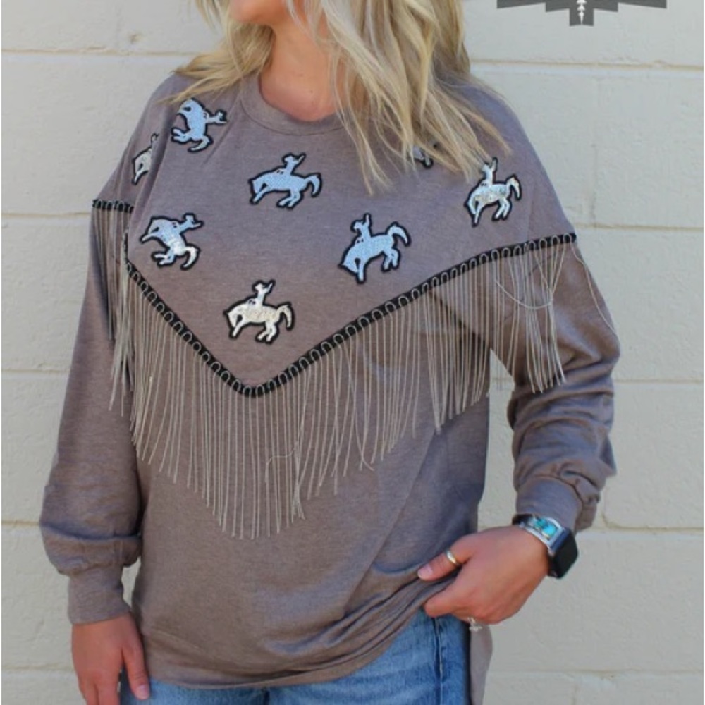New Size XL Grey Bronc Sweater with fringe